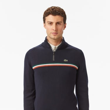  Erkek Classic Fit Yarım Fermuarlı Çizgili Lacivert Kazak