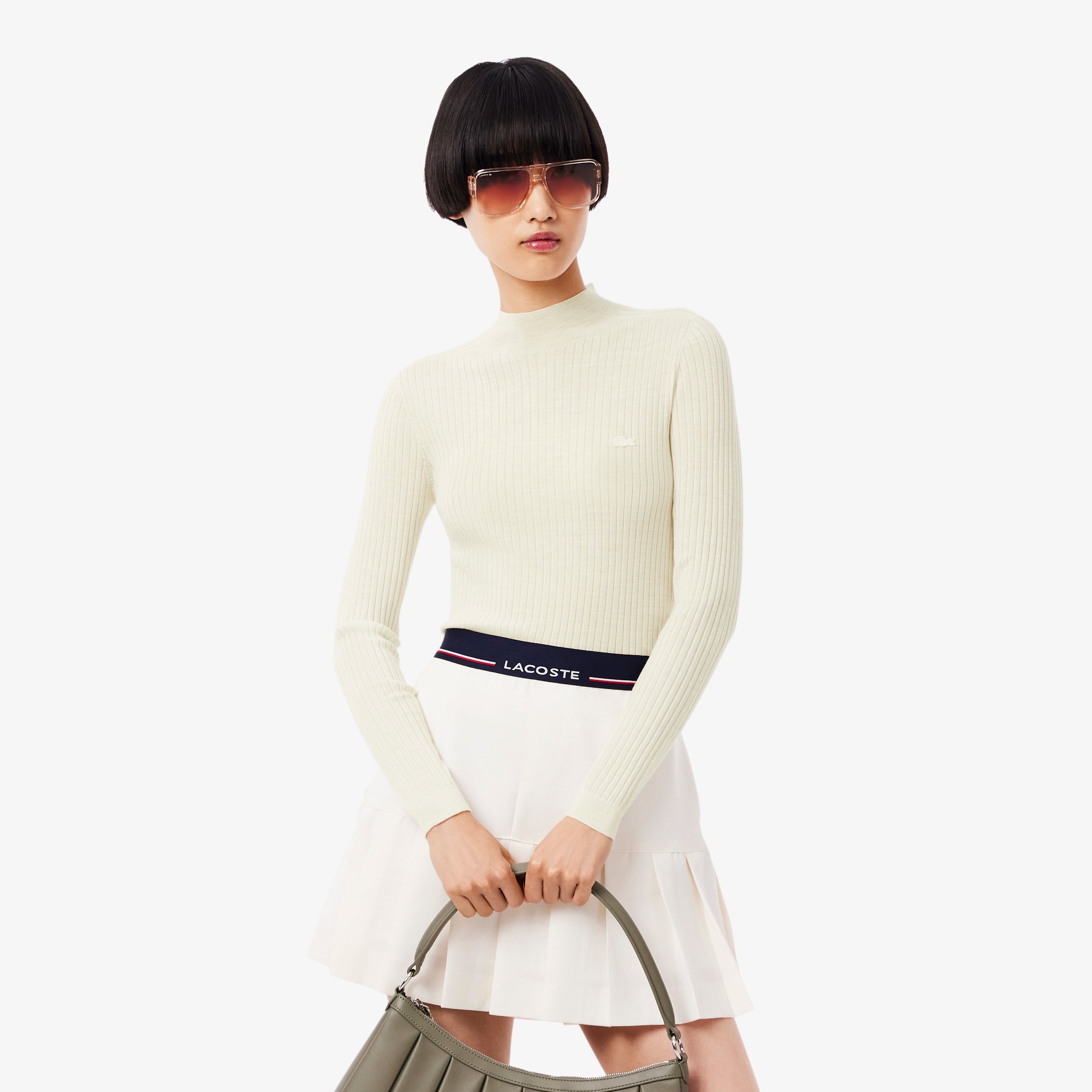 Lacoste Kadın Slim Fit Dik Yaka Beyaz Kazak