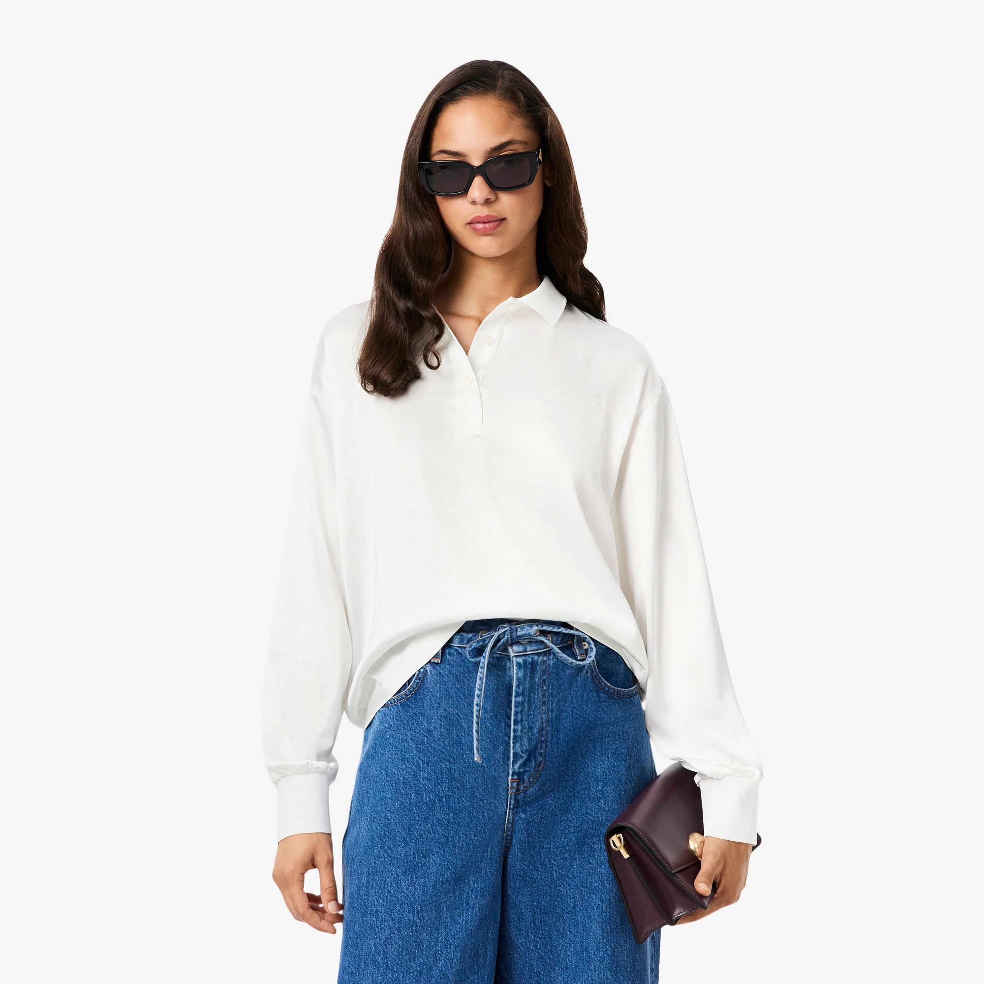  Lacoste Kadın Oversize Fit Polo Yaka Beyaz Gömlek