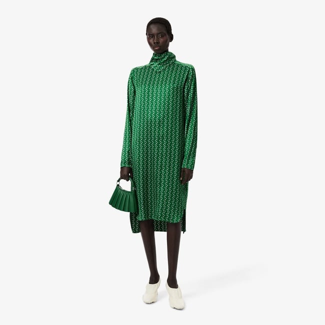  Lacoste Runway Kadın Dik Yaka Desenli Yeşil Elbise