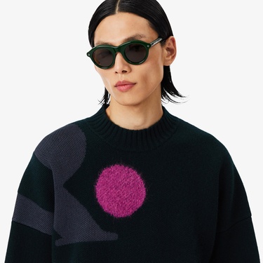  Lacoste Runway Erkek Loose Fit Bisiklet Yaka Baskılı Yeşil Kazak