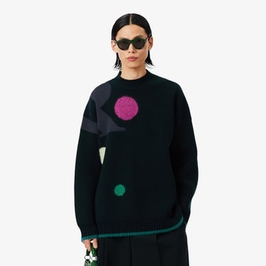  Lacoste Runway Erkek Loose Fit Bisiklet Yaka Baskılı Yeşil Kazak