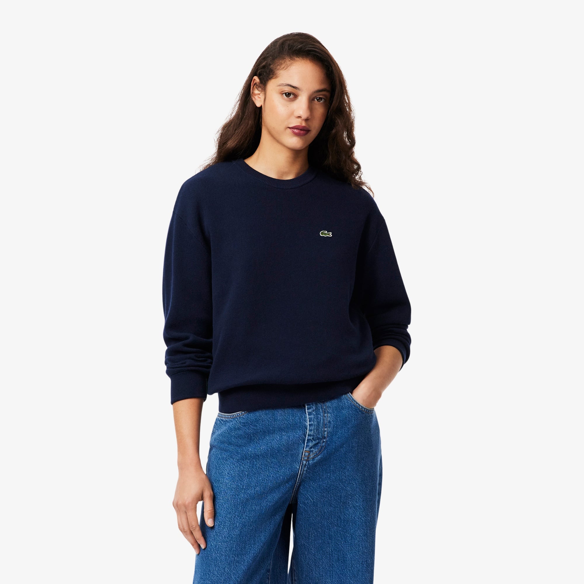 Lacoste Kadın Relaxed Fit Bisiklet Yaka Lacivert Kazak