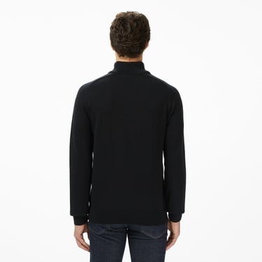  Erkek Classic Fit Yarım Fermuarlı Çizgili Siyah Kazak