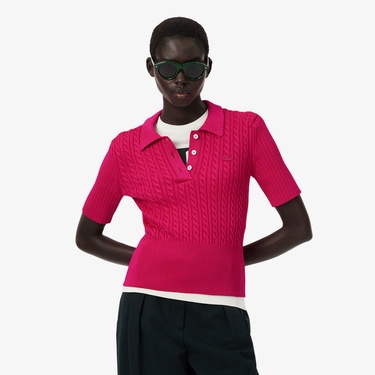  Lacoste Runway Kadın Kısa Kollu Polo Yaka Pembe Triko