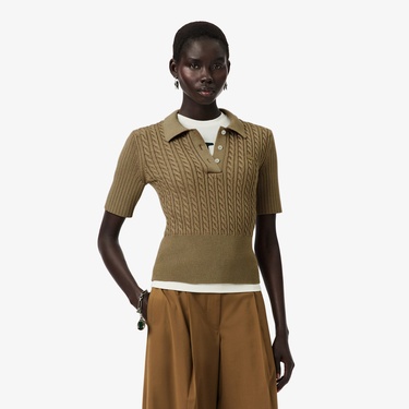  Lacoste Runway Kadın Kısa Kollu Polo Yaka Kahverengi Triko