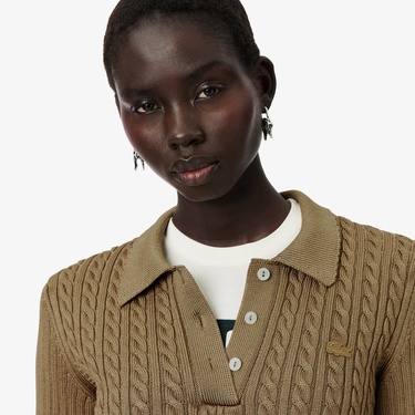  Lacoste Runway Kadın Kısa Kollu Polo Yaka Kahverengi Triko