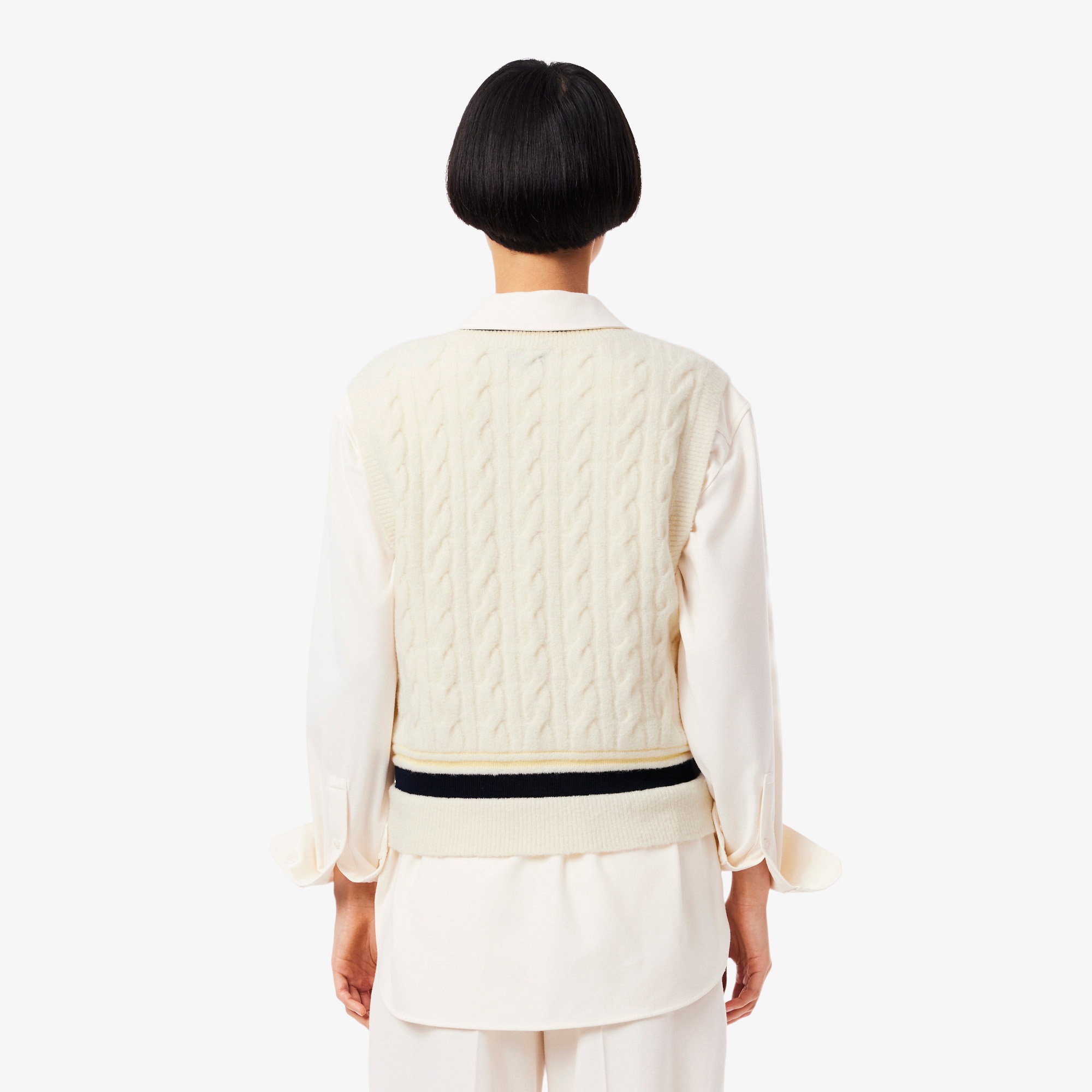 Lacoste Kadın Classic Fit V Yaka Krem Süveter