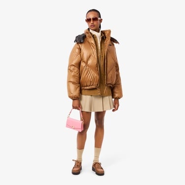  Lacoste Kadın Oversize Fit Kapüşonlu Kapitone Açık Kahverengi Mont