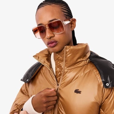  Lacoste Kadın Oversize Fit Kapüşonlu Kapitone Açık Kahverengi Mont