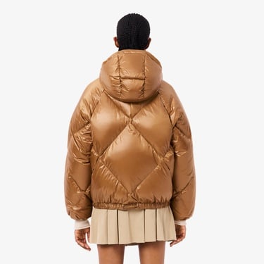  Lacoste Kadın Oversize Fit Kapüşonlu Kapitone Açık Kahverengi Mont