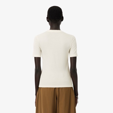  Lacoste Runway Kadın Bisiklet Yaka Baskılı İpek Beyaz T-Shirt