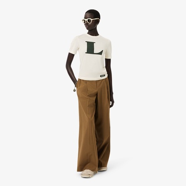  Lacoste Runway Kadın Bisiklet Yaka Baskılı İpek Beyaz T-Shirt