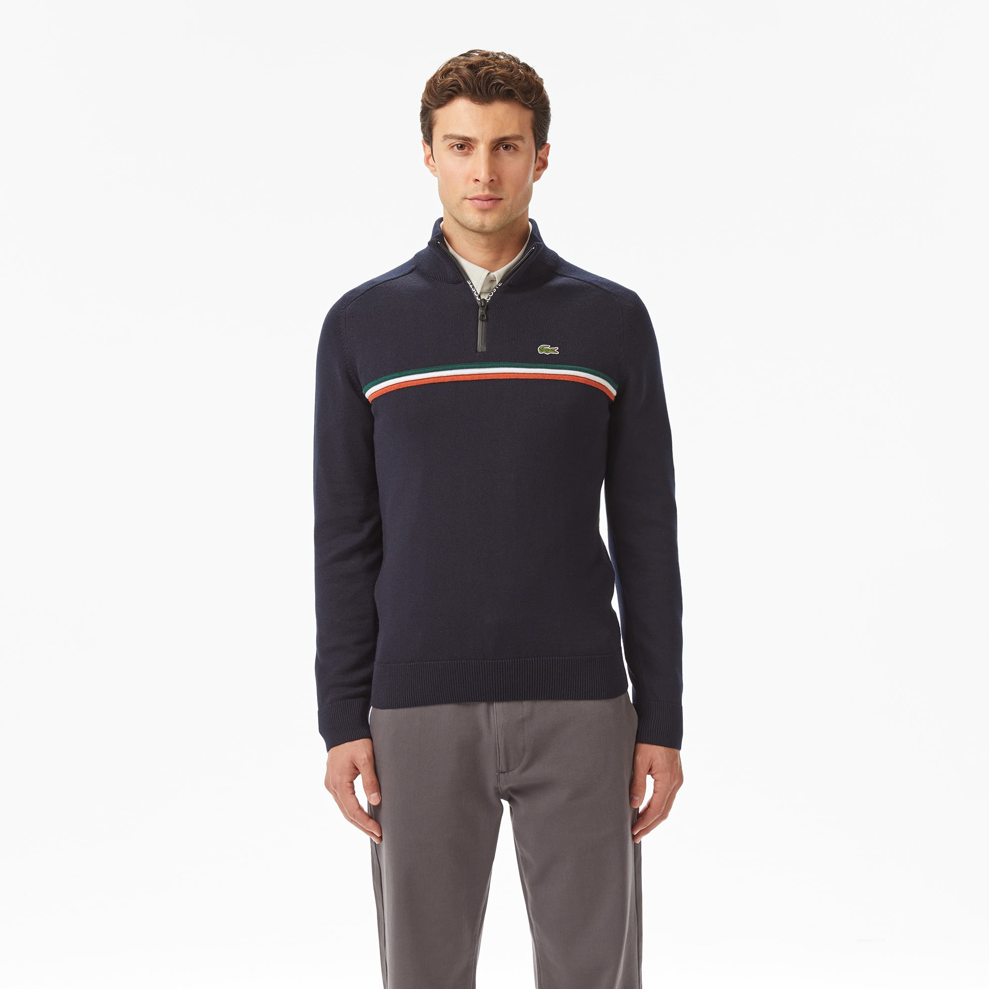  Erkek Classic Fit Yarım Fermuarlı Çizgili Lacivert Kazak