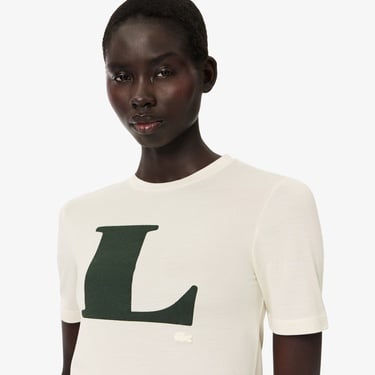  Lacoste Runway Kadın Bisiklet Yaka Baskılı İpek Beyaz T-Shirt