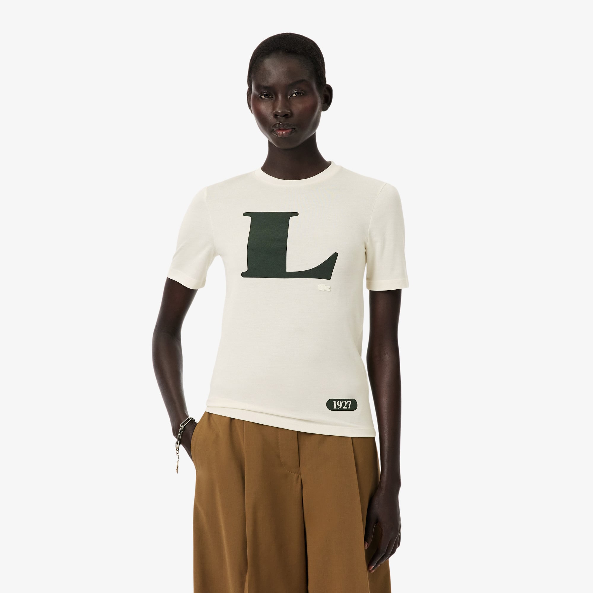  Lacoste Runway Kadın Bisiklet Yaka Baskılı İpek Beyaz T-Shirt