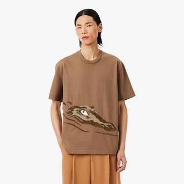  Lacoste Runway Erkek Relaxed Fit Bisiklet Yaka Baskılı Kahverengi T-Shirt