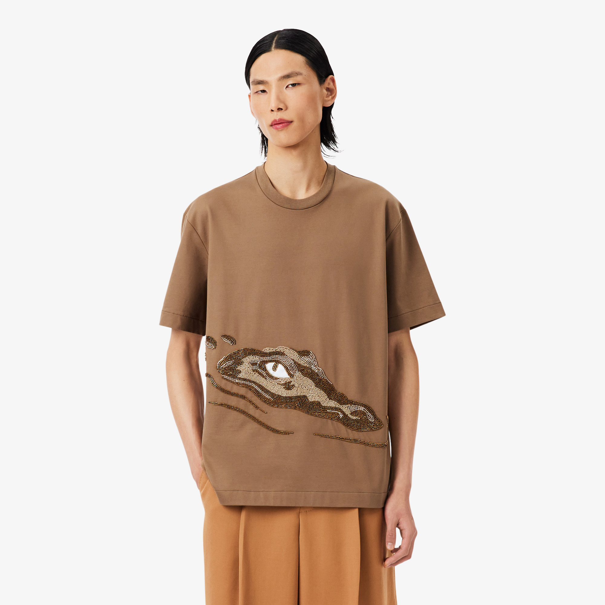  Lacoste Runway Erkek Relaxed Fit Bisiklet Yaka Baskılı Kahverengi T-Shirt