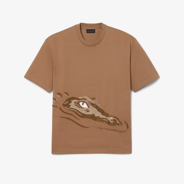  Lacoste Runway Erkek Relaxed Fit Bisiklet Yaka Baskılı Kahverengi T-Shirt