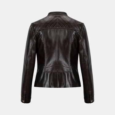  Kadın Koyu Kahve Hakim Yakalı Fit Deri Ceket