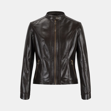  Kadın Koyu Kahve Hakim Yakalı Fit Deri Ceket