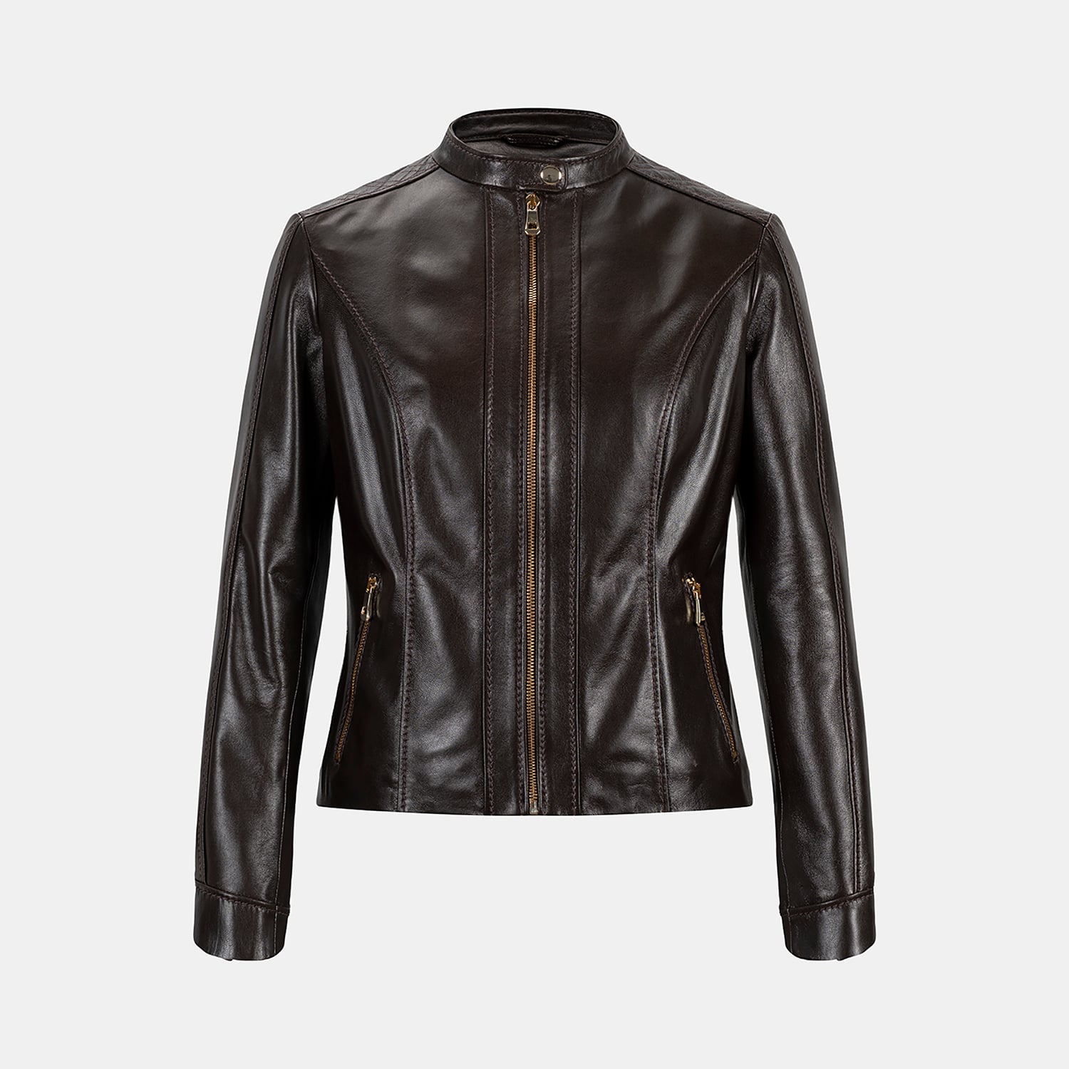  Kadın Koyu Kahve Hakim Yakalı Fit Deri Ceket