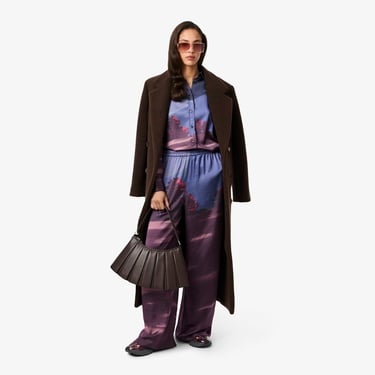  Lacoste Kadın Oversize Fit Baskılı Mor Saten Gömlek