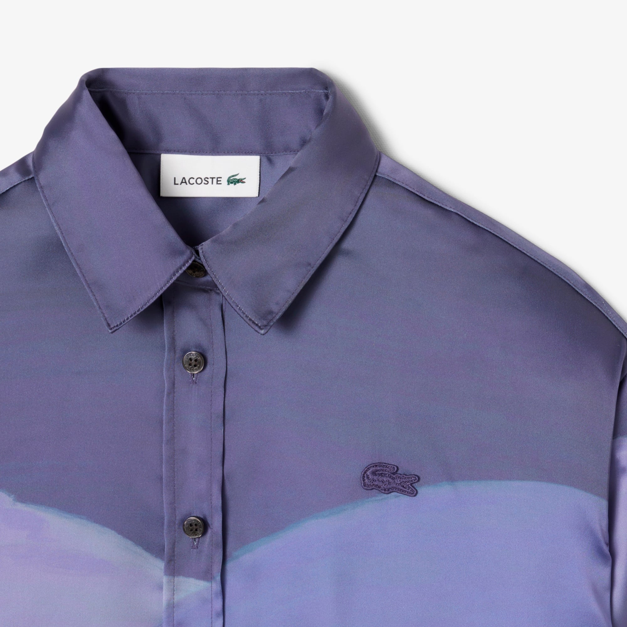 Lacoste Kadın Oversize Fit Baskılı Mor Saten Gömlek
