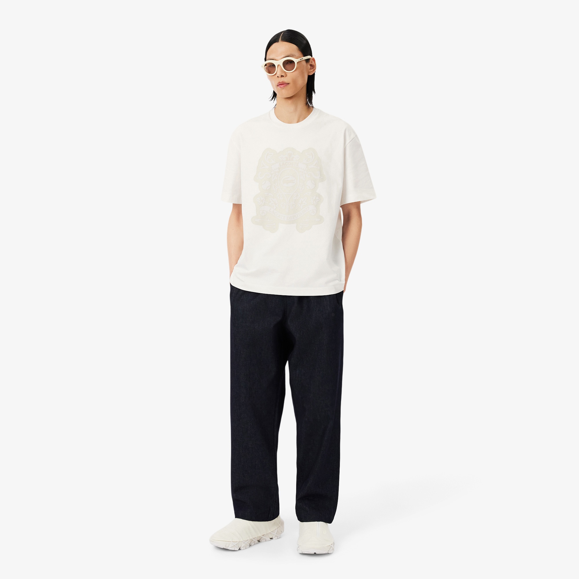 Lacoste Runway Unisex Relaxed Fit Bisiklet Yaka Baskılı Beyaz T-Shirt