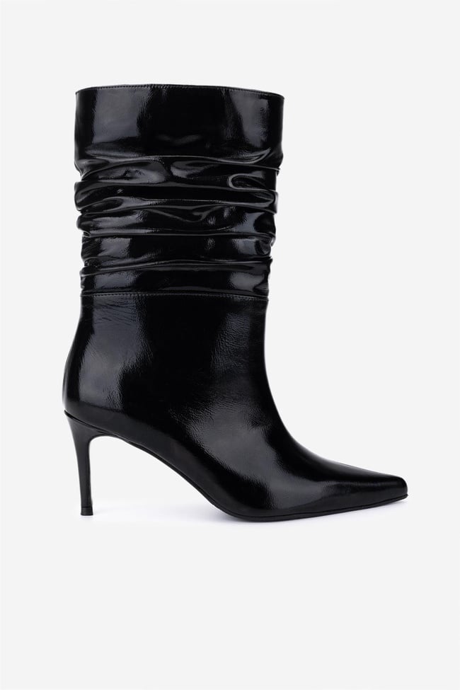  Valmenti Kadın Hakiki Deri Siyah Kırışık Rugan Topuklu Bot