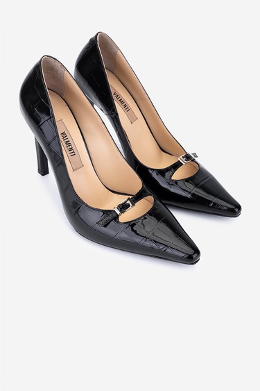  Valmenti Kadın Hakiki Deri Siyah Kroko Stiletto Ayakkabı