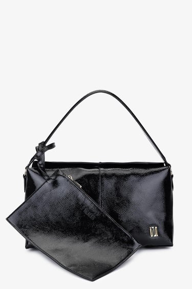  Valmenti Kadın Suni Deri Siyah Kırışık Rugan Kol Çantası