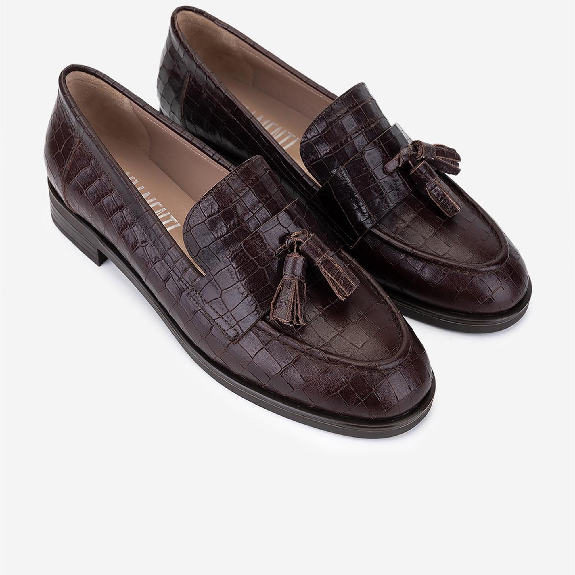 Valmenti Kadın Hakiki Deri Kahverengi Kroko Loafer Ayakkabı