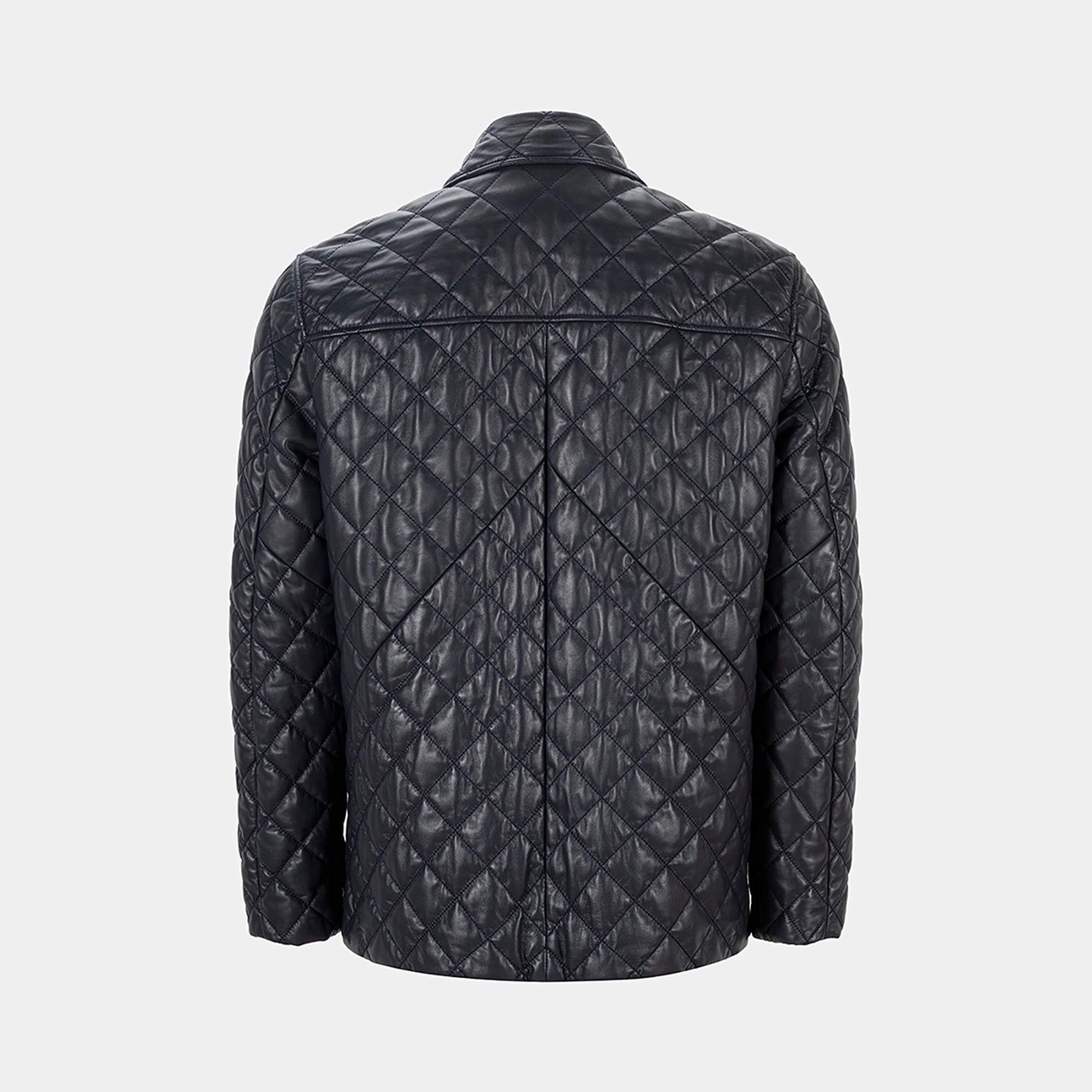 Erkek Lacivert Gömlek Yakalı Kapitoneli Deri Mont