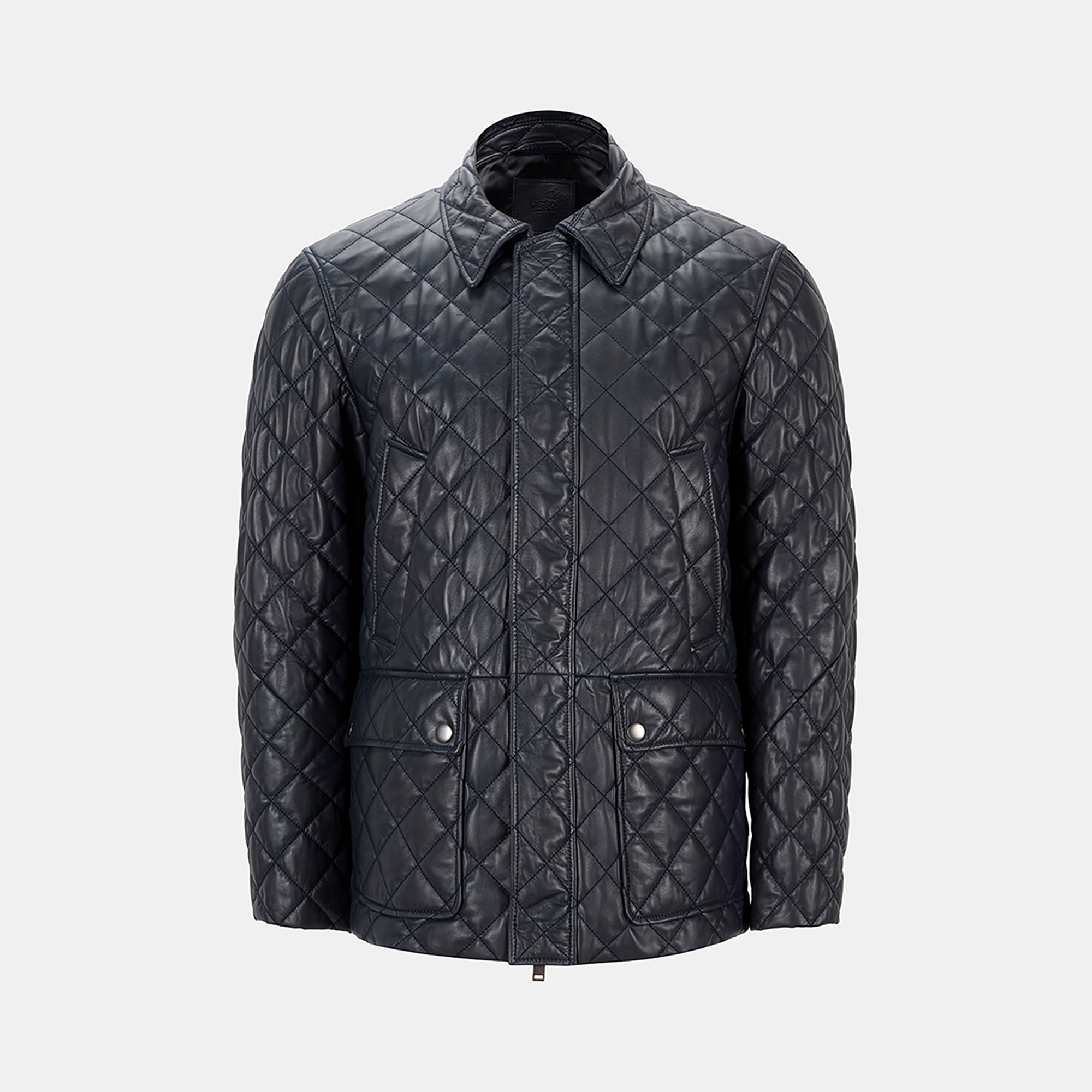 Erkek Lacivert Gömlek Yakalı Kapitoneli Deri Mont