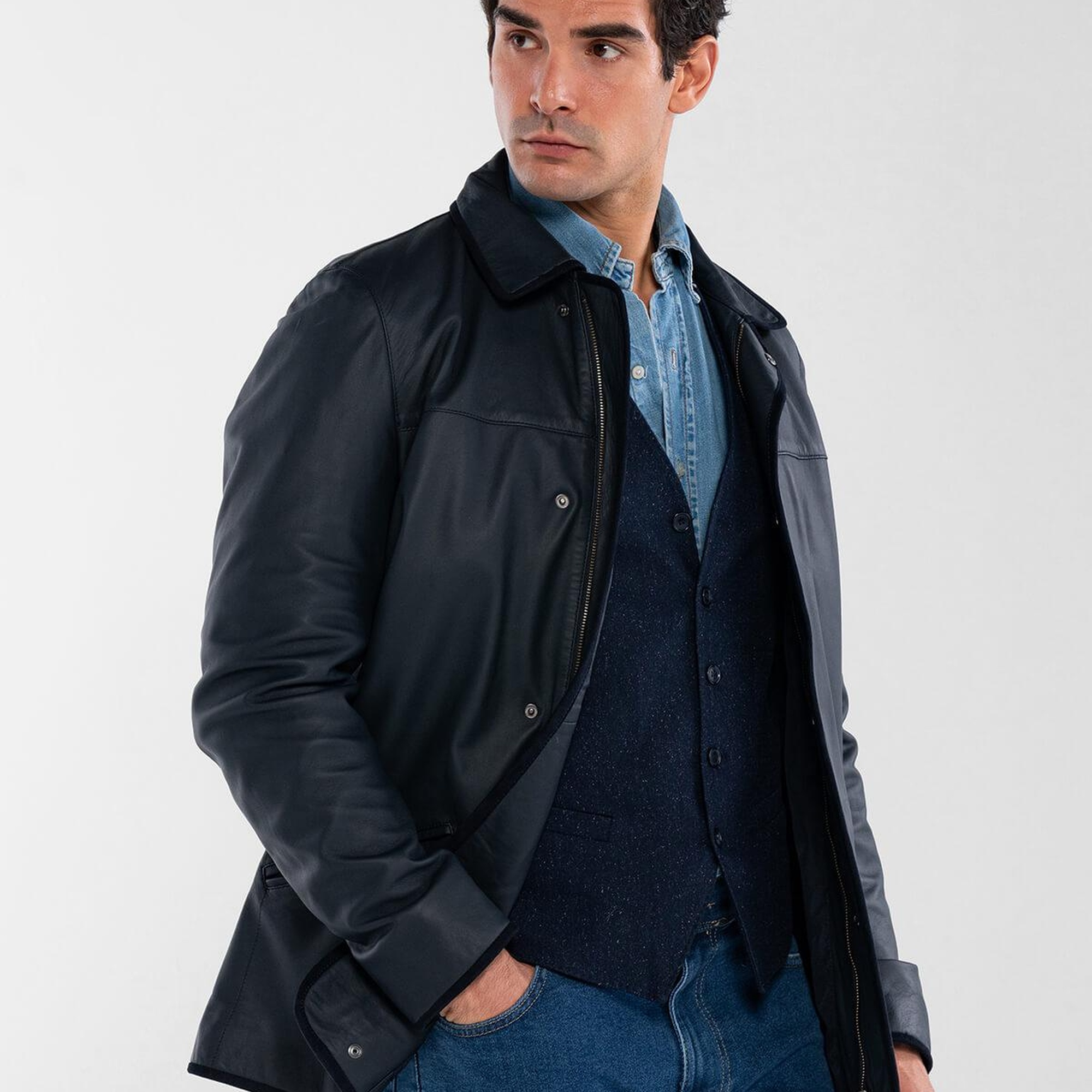 Tamer Tanca Erkek Hakiki Deri Lacivert Deri Mont