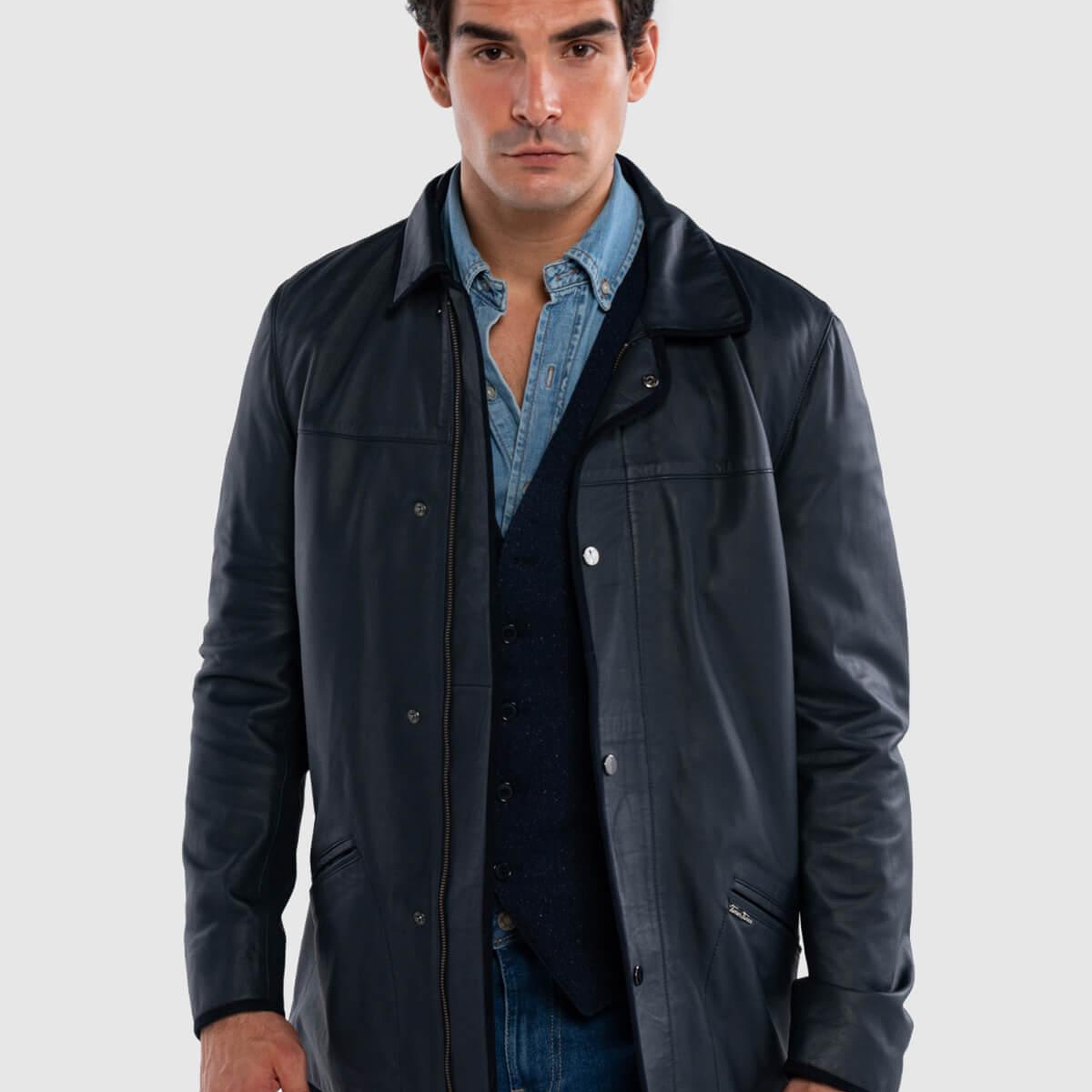 Tamer Tanca Erkek Hakiki Deri Lacivert Deri Mont