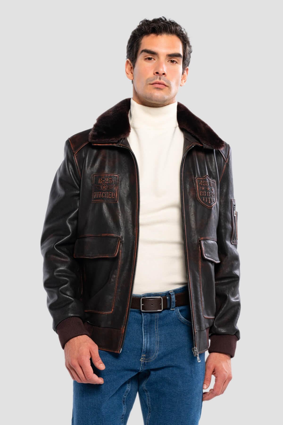  Tamer Tanca Erkek Hakiki Deri Kızıl Eskitme Deri Mont