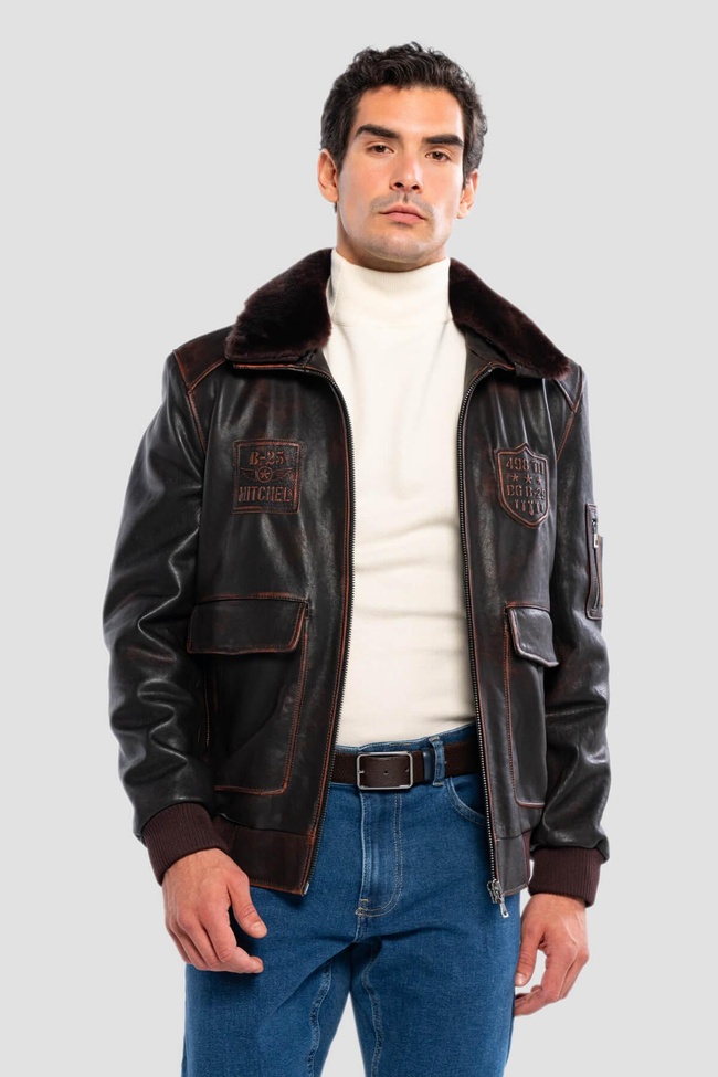  Tamer Tanca Erkek Hakiki Deri Kızıl Eskitme Deri Mont