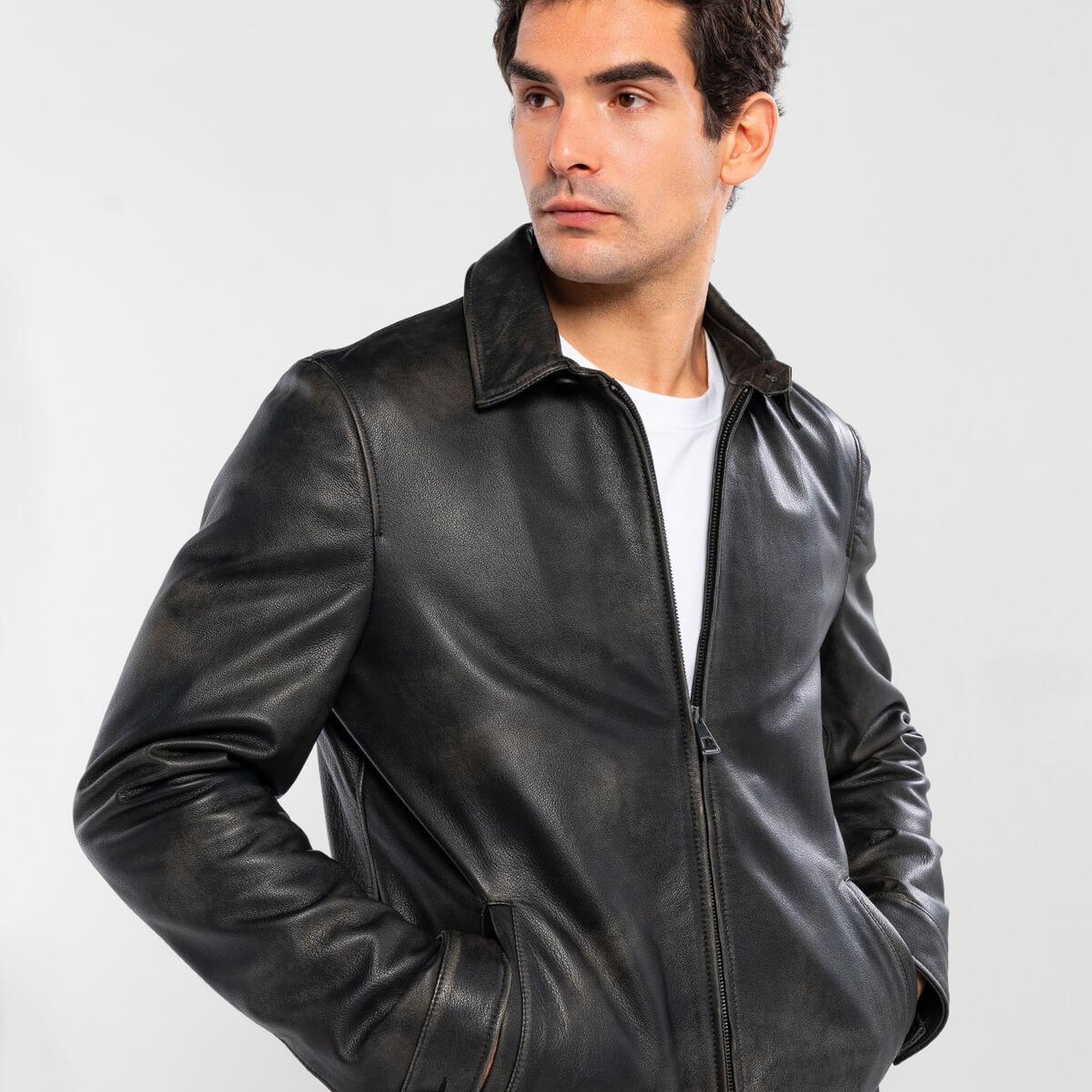 Tamer Tanca Erkek Hakiki Deri Siyah Eskitme Deri Mont