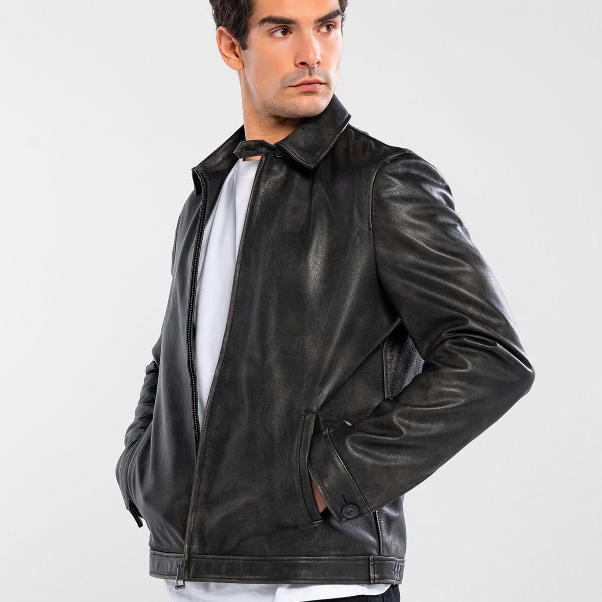 Tamer Tanca Erkek Hakiki Deri Siyah Eskitme Deri Mont