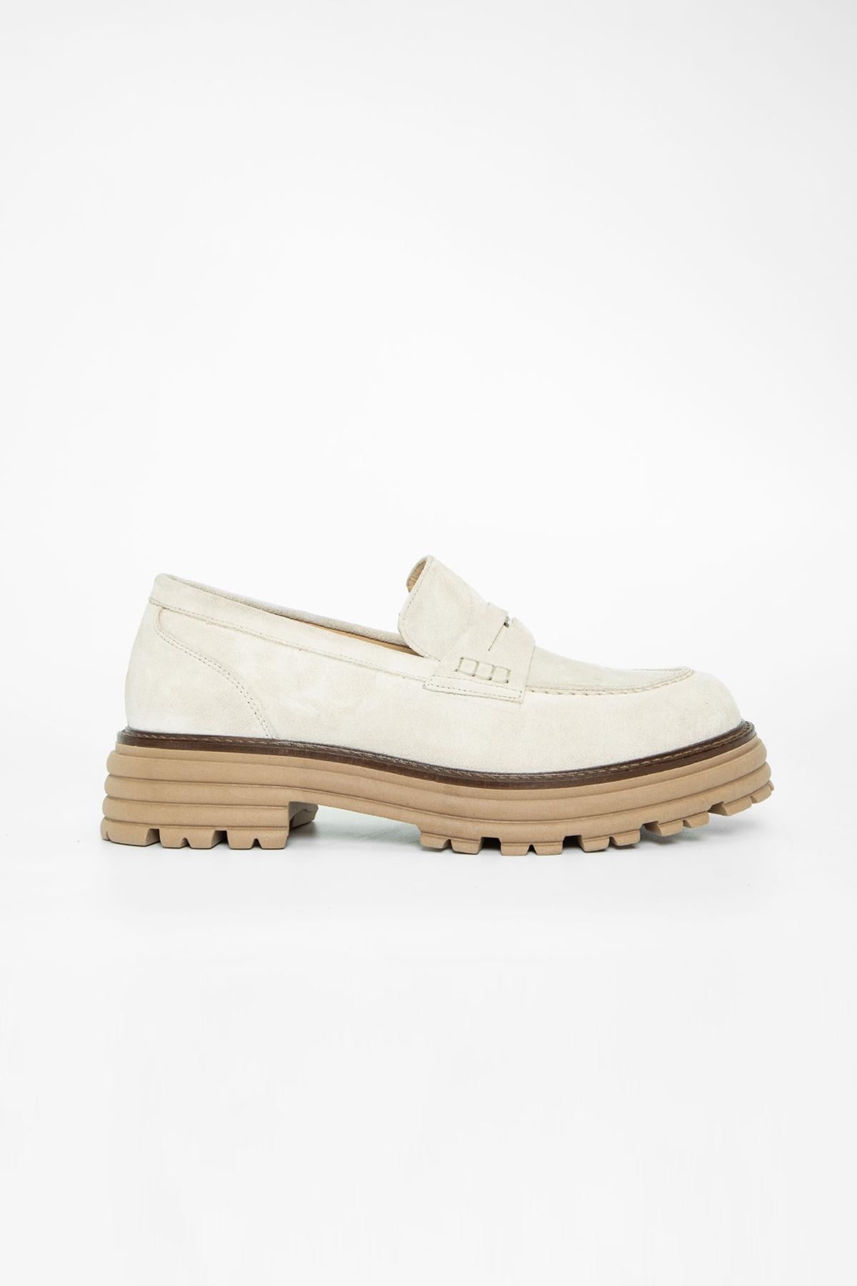  Valmenti Kadın Bej Süet Hakiki Deri Loafer Ayakkabı