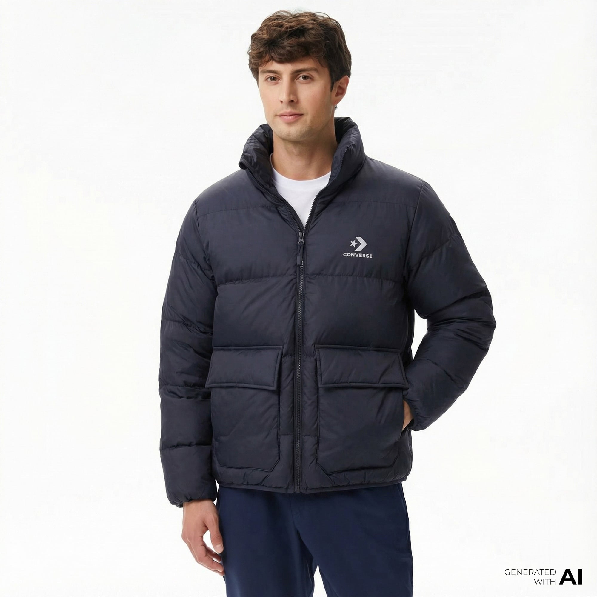 Converse Erkek Dik Yaka Siyah Şişme Mont