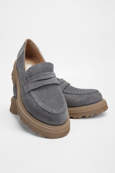  Valmenti Kadın Gri Süet Hakiki Deri Loafer Ayakkabı