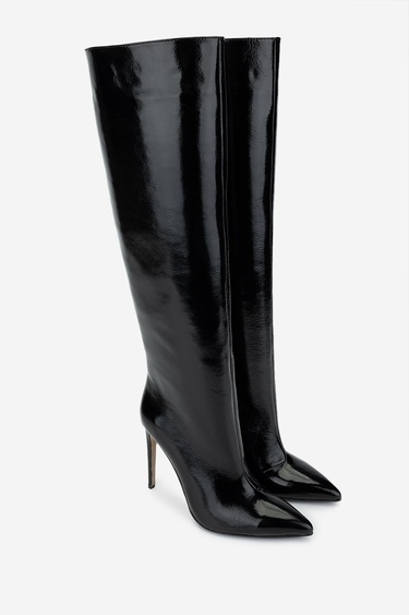  Valmenti Kadın Hakiki Deri Siyah Rugan Topuklu Çizme