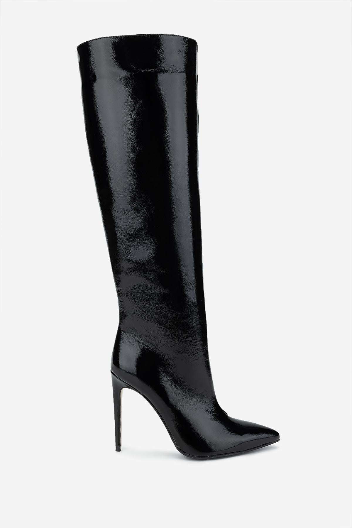  Valmenti Kadın Hakiki Deri Siyah Rugan Topuklu Çizme