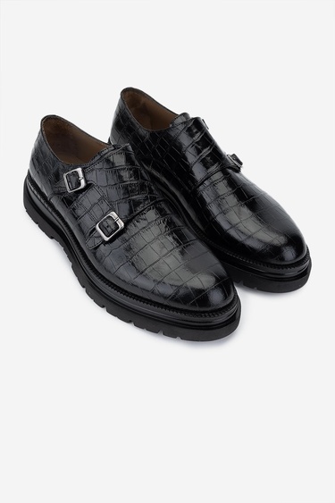  Valmenti Erkek Hakiki Deri Siyah Kroko Klasik Ayakkabı