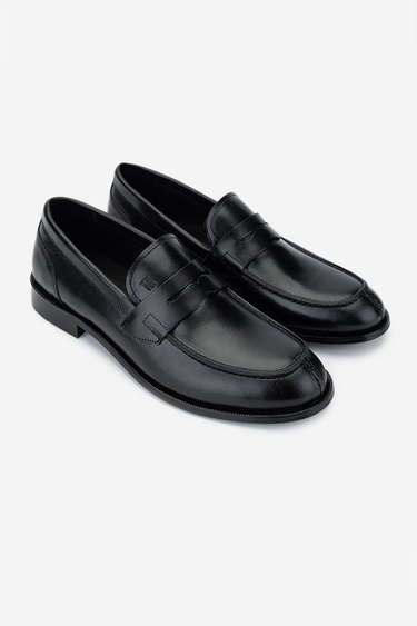  Valmenti Erkek Hakiki Deri Siyah Loafer Ayakkabı