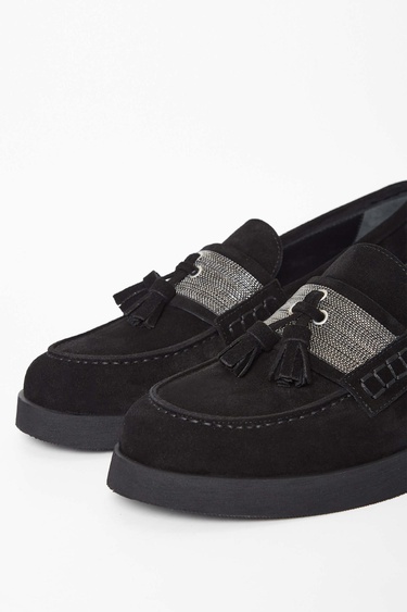  Tamer Tanca Kadın Hakiki Deri Siyah Süet Loafer Ayakkabı