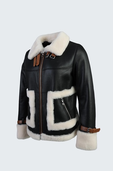  Valmenti Kadın Siyah Hakiki Deri Deri Mont